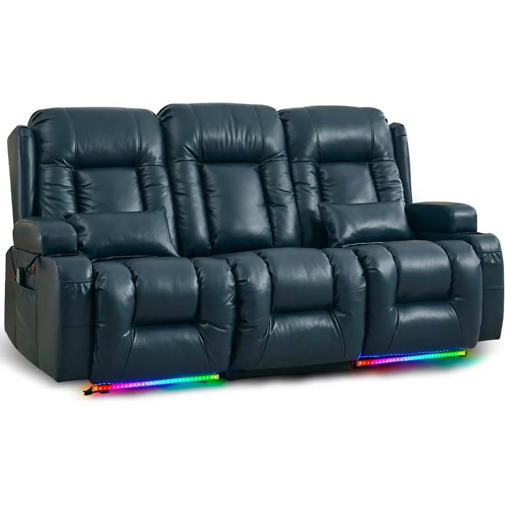 Power 3-Seater Recliner, Massage & Heating, with LED Lighting, Cup Holder, Lumbar Pillows, Electric 3 Seat RV Reclining Sofas