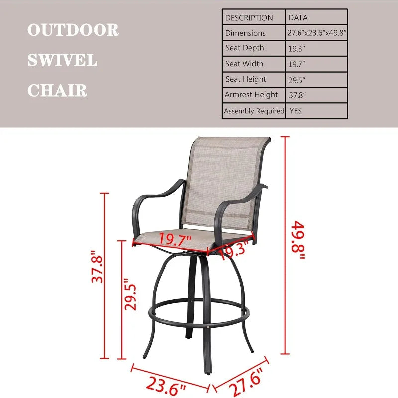 Bar Stools 2 High Swivel 1 Height Outdoor Bistro Table, Patio Furniture, Grey Tesling Fabric, 3 Pcs Chair Set