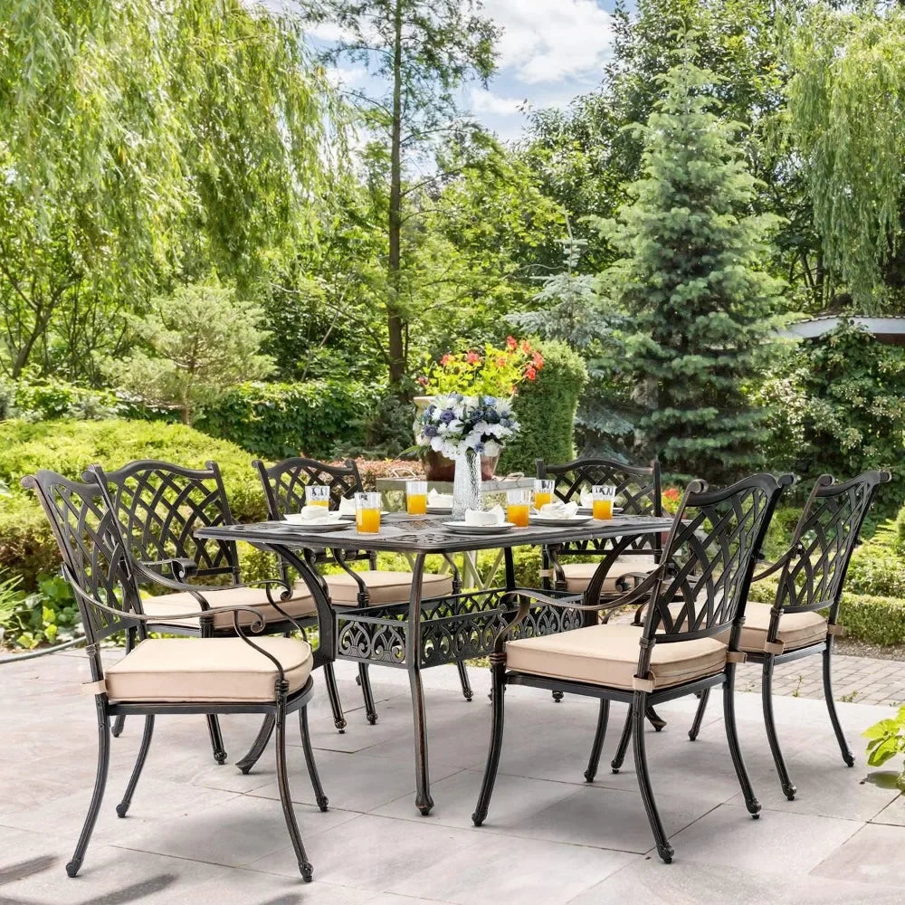 Outdoor Dining Set ,includes 59” Rectangular Table And 6 Chairs With Thicker Cushion And Umbrella Hole ,patio Furniture