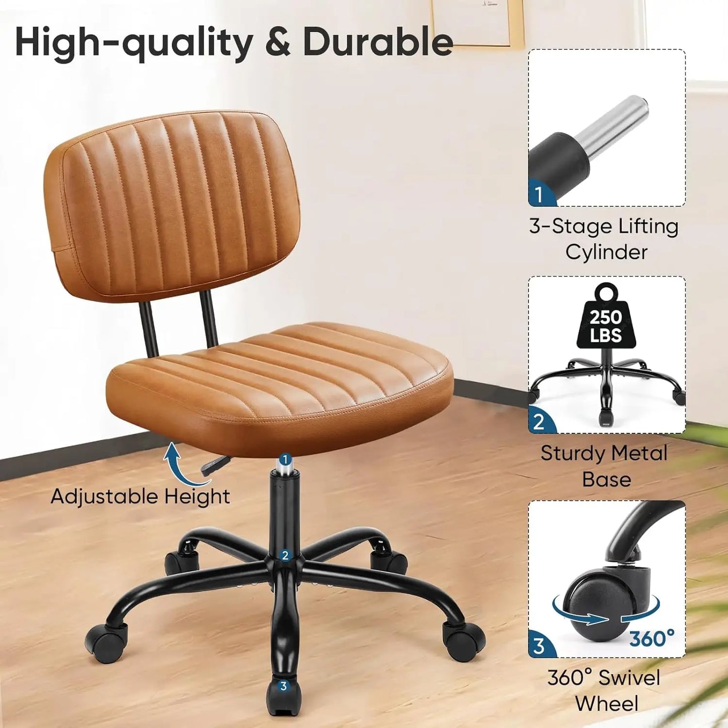 Armless Home Office Chair Ergonomic Desk with Comfy Low Back Lumbar Support, Height Adjustable PU Leather Computer