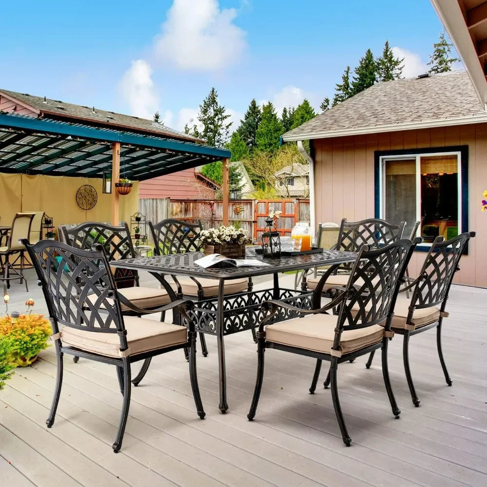 Outdoor Dining Set ,includes 59” Rectangular Table And 6 Chairs With Thicker Cushion And Umbrella Hole ,patio Furniture