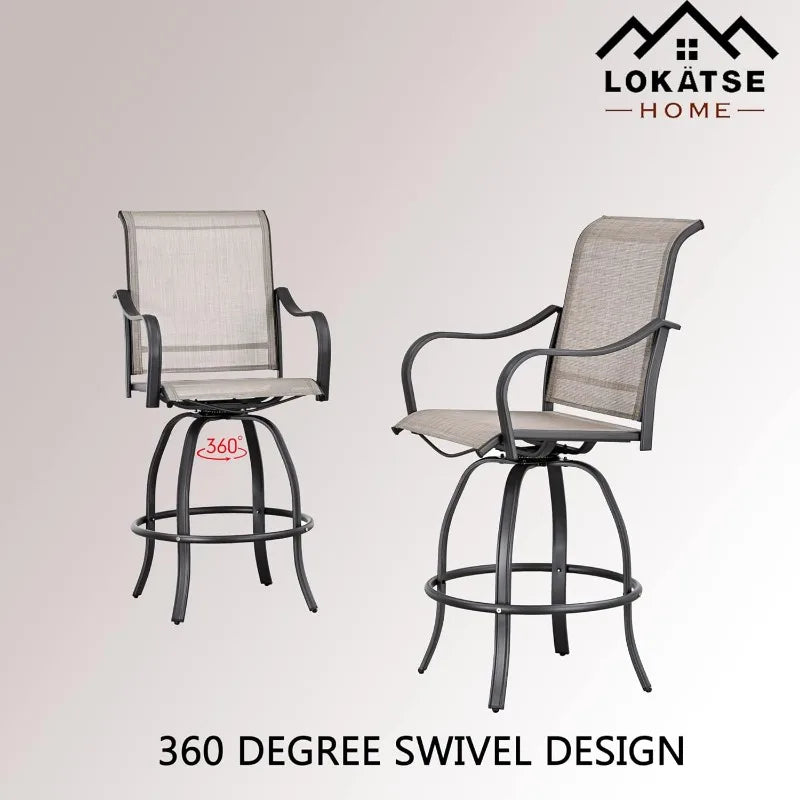 Bar Stools 2 High Swivel 1 Height Outdoor Bistro Table, Patio Furniture, Grey Tesling Fabric, 3 Pcs Chair Set