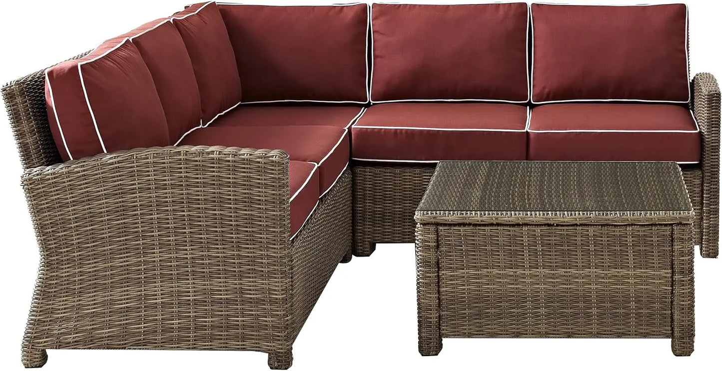 KO70019WB-SG Bradenton Outdoor Wicker 4-Piece Sectional Set (2 Loveseats, Corner Chair, Coffee Table)