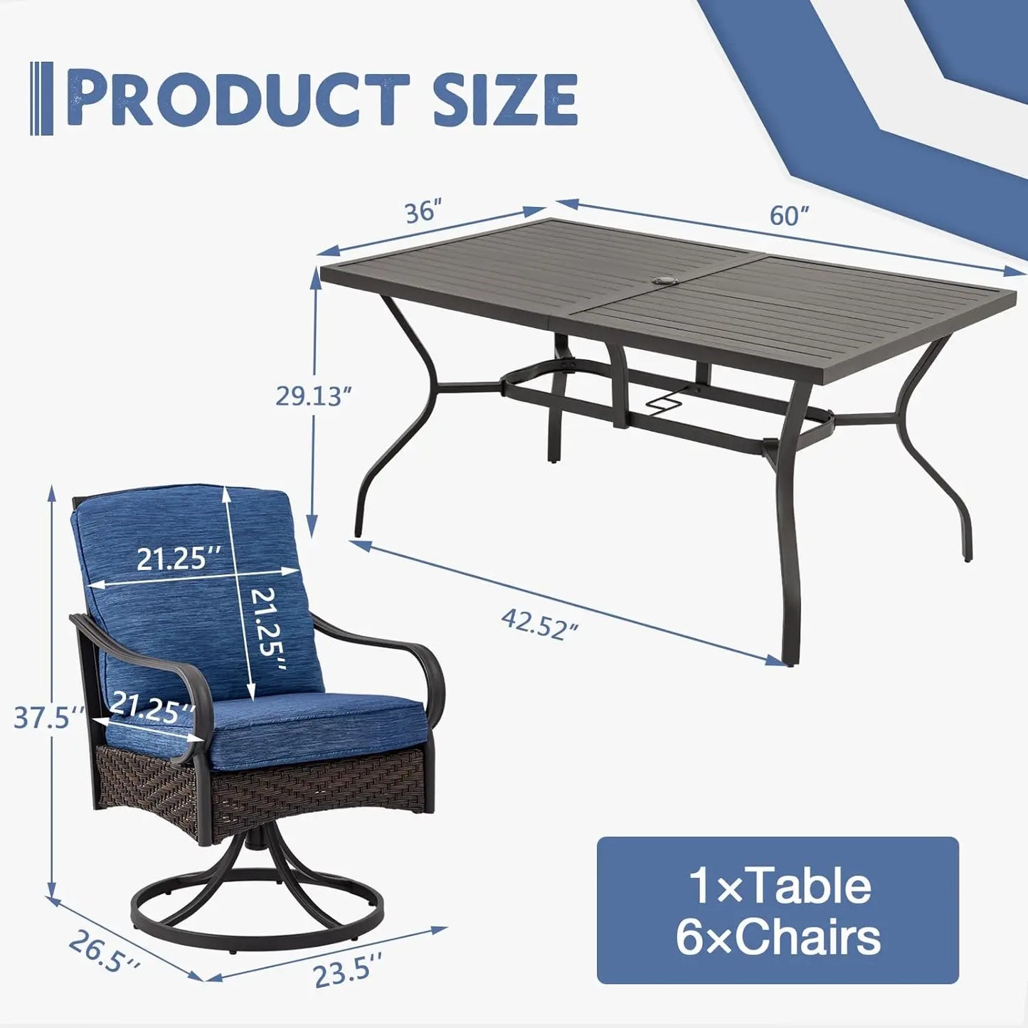 Patio Dining Set 7 Piece for 6, Outdoor Dining Set 60'' Rectangular Metal Table with Umbrella Hole and 6 Wicker Swivel Chairs