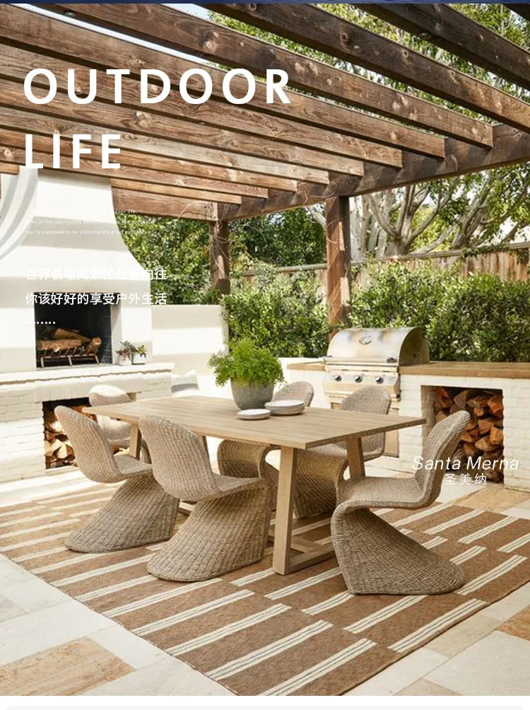 Leisure PE Rattan Dining Table and Chair Outdoor Patio Terrace Garden Guest House Lounge Area Balcony Teak Wood Table and Chair