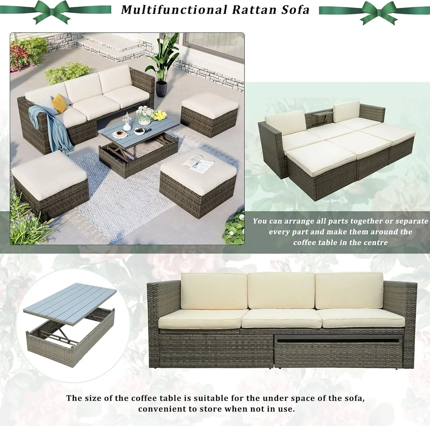 Patio Furniture Sets, 5-Piece Conversation Sets,PE Rattan Wicker Sectional Set with Adjustable Backrest, Ottomans and Lift Table