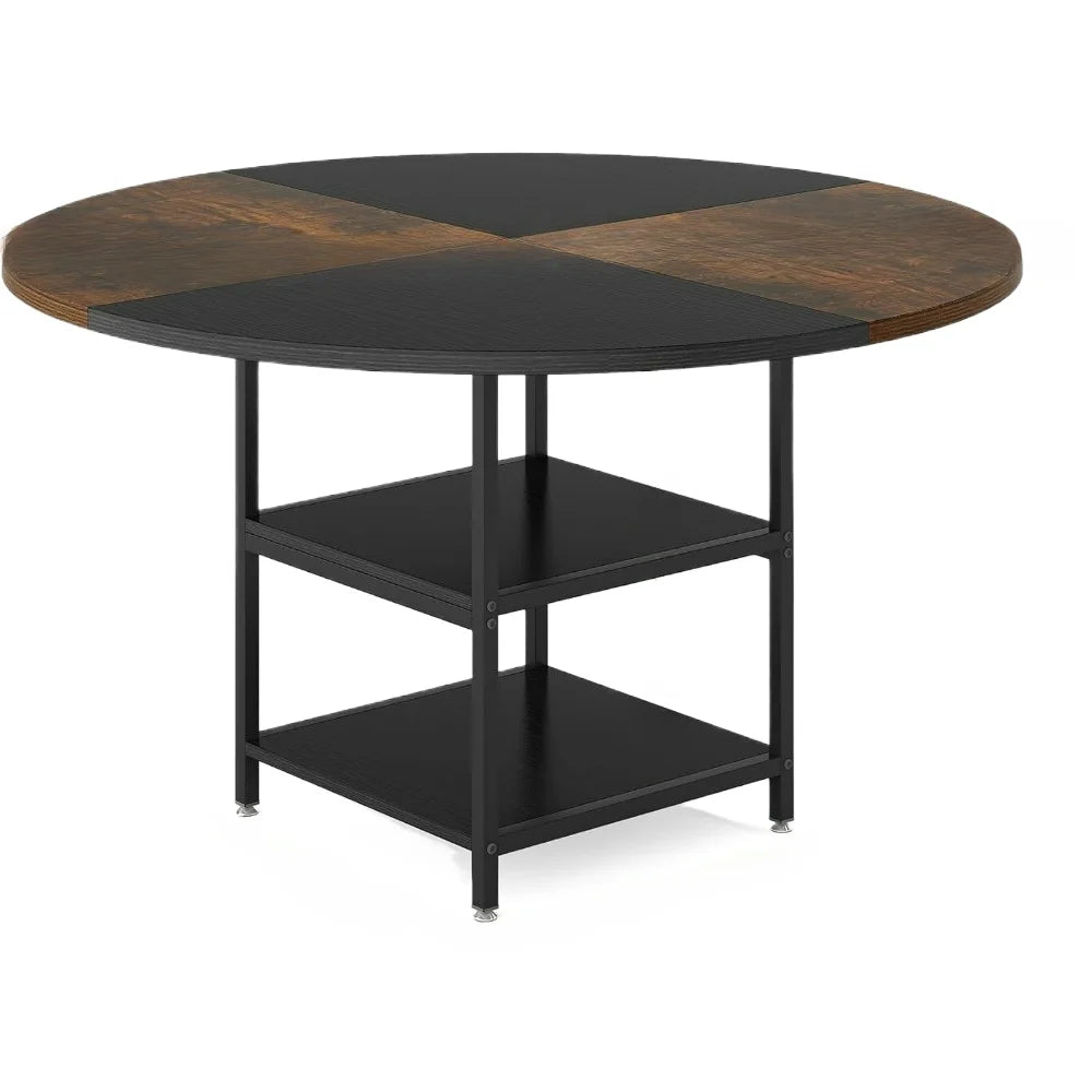 Round Dining Table for 4, 47 Inch Wood Kitchen Table,Dinner Table with Storage Shelf Metal Legs for Home Dining Room Living Room