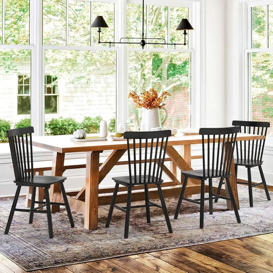 Windsor Dining Chair Set of 6,Spindle Back Wood Dining Chair,Farmhouse Wooden Kitchen Chairs, Black