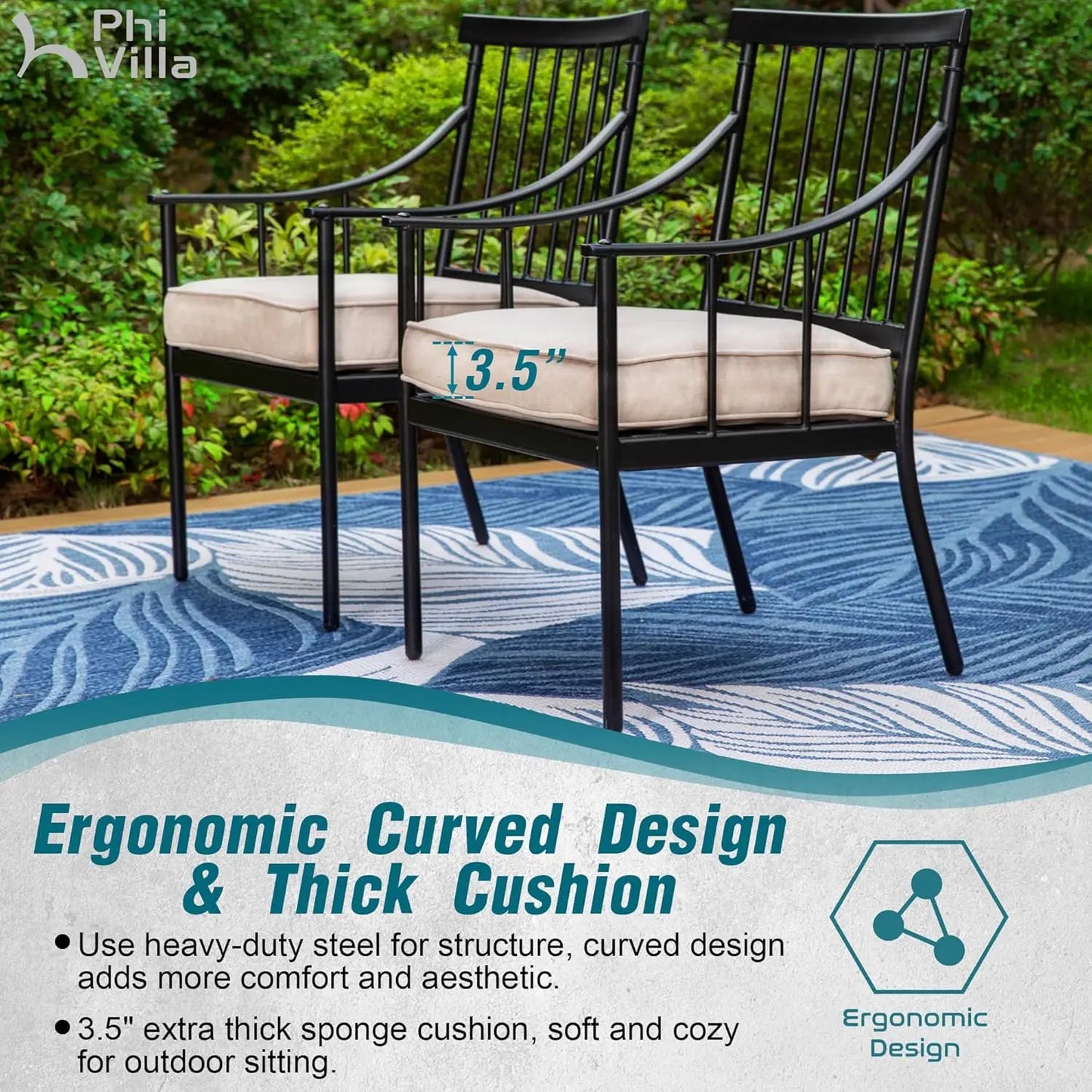 7 Piece Outdoor Dining Set with Cushion, 60” Rectangular Metal Dining Table with Umbrella Hole