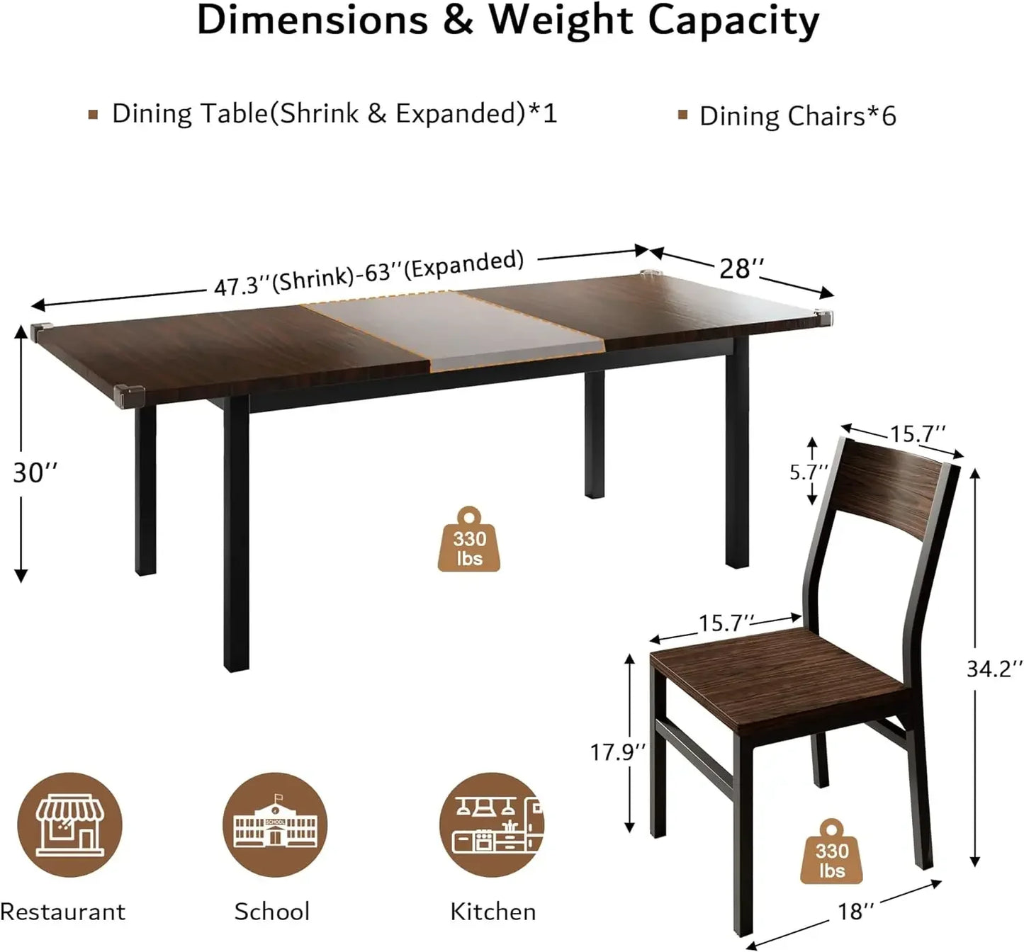 7 Pieces Dining Table & Chairs Set for 4-8, 63" Extendable Kitchen Table and 6 Chairs, Dining Room Table with MDF Board