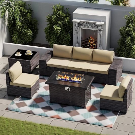 Furniture Set with Propane Fire Pit, Wicker Rattan Outdoor Sofa Conversation Set,Sectional Furniture Patio Set  Top Table