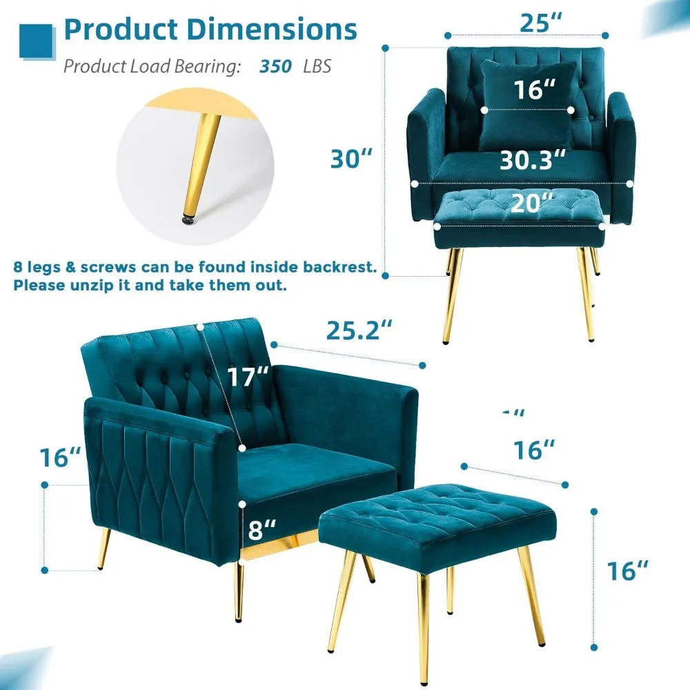 Accent Chair with Adjustable Armrests and Backrest, Single Recliner Armchair with Ottoman and Pillow for Living