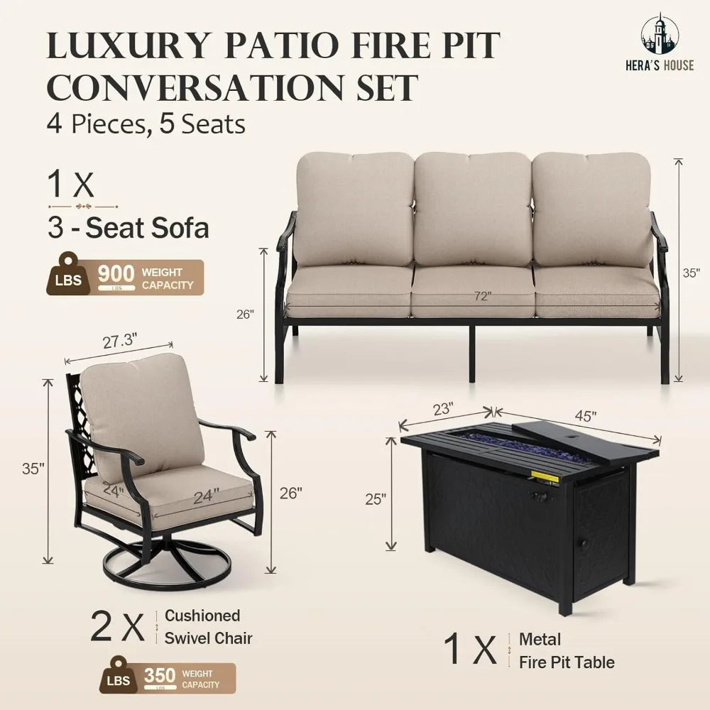 4 Pieces Patio Furniture Set with Fire Pit Table 2 x Swivel Cushioned Chair 3-Seat Sofa with 45" Fire Pit Table Conversation Set