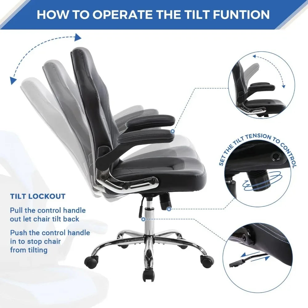 XMSJ Home Games, Ergonomics, Office Flip Armrests and Height-Adjustable Desk, Stitching PU Leather Computer Chair with Lumbar