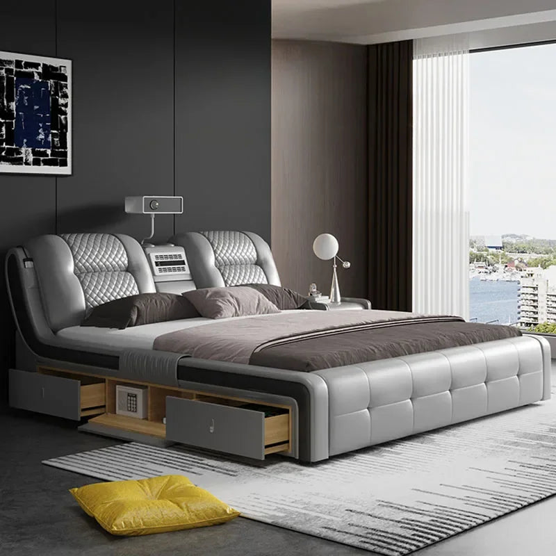 Nordic Villa Designer Double Bed Leather Storage Multifunctional Headboard Twin Bed Frame Full Size Camas Bedroom Furniture