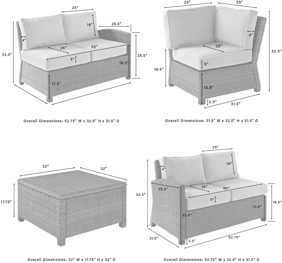 KO70019WB-SG Bradenton Outdoor Wicker 4-Piece Sectional Set (2 Loveseats, Corner Chair, Coffee Table)