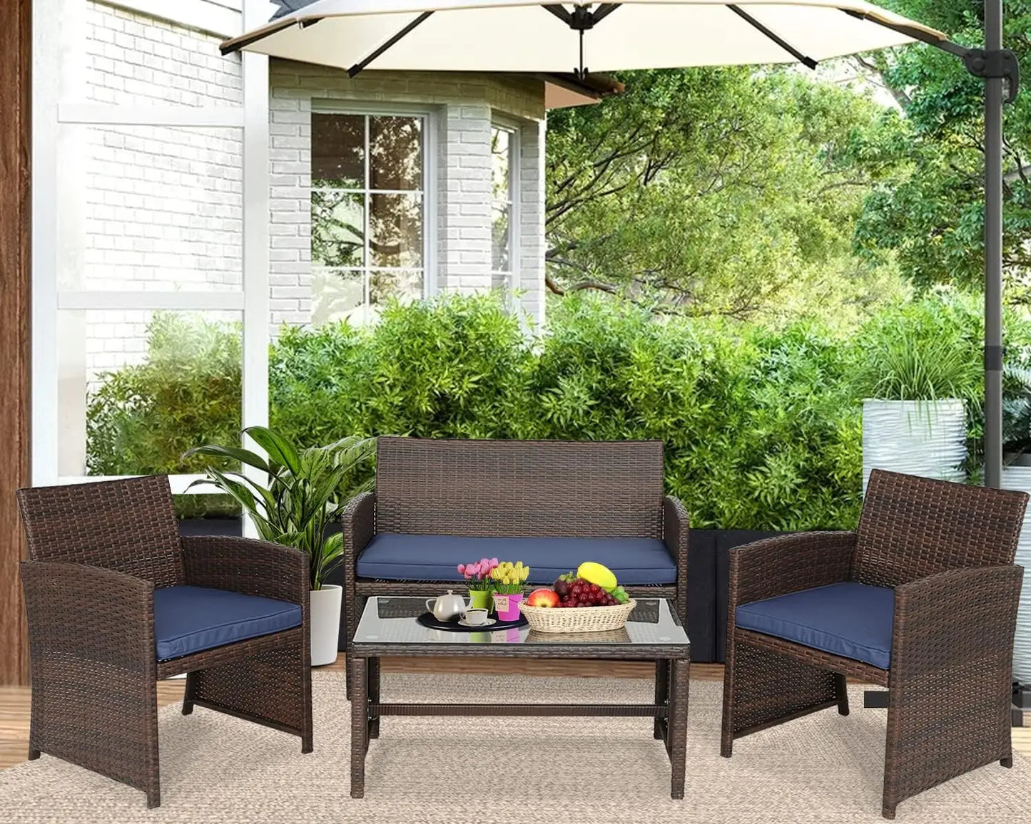 4pcs Outdoor Set PE Wicker Ratten Chairs Set Conversation Set Balcony Furniture with Cushion and Table for Backyard, Garden