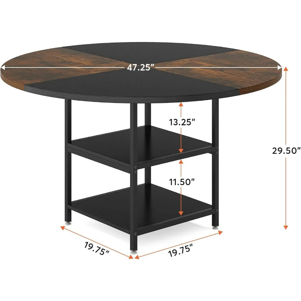 Round Dining Table for 4, 47 Inch Wood Kitchen Table,Dinner Table with Storage Shelf Metal Legs for Home Dining Room Living Room