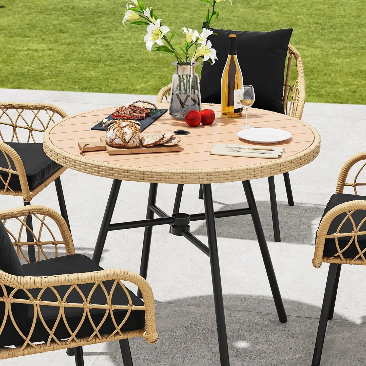 Outdoor Patio Furniture Dining Set,All-Weather Rattan Conversation Set with Soft Cushions and Plastic Wood Tabletop Dining Table