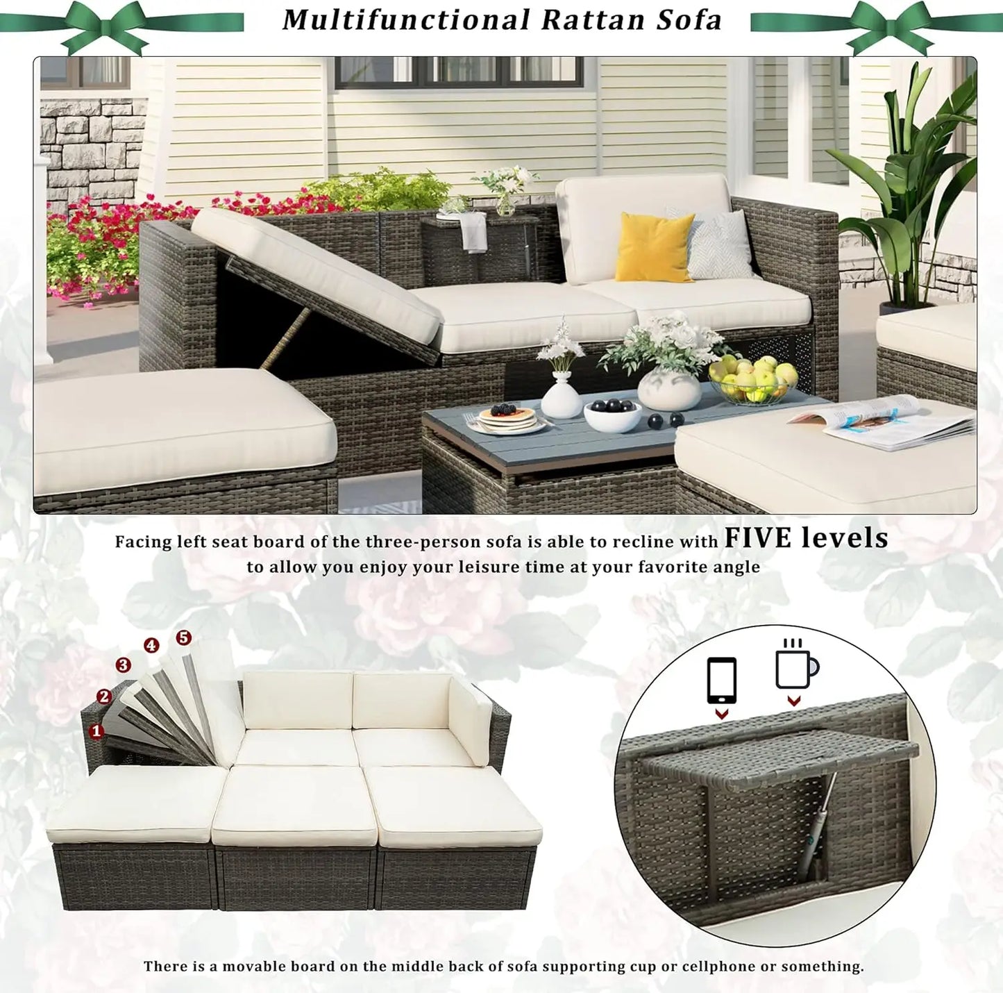 Patio Furniture Sets, 5-Piece Conversation Sets,PE Rattan Wicker Sectional Set with Adjustable Backrest, Ottomans and Lift Table