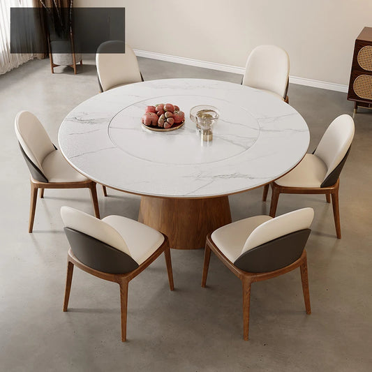 Light Luxury Retro Dining Tables Wood Rock Plate Round Turntable Dining Tables Simple Mesa Comedor Restaurant Furniture QF50DT