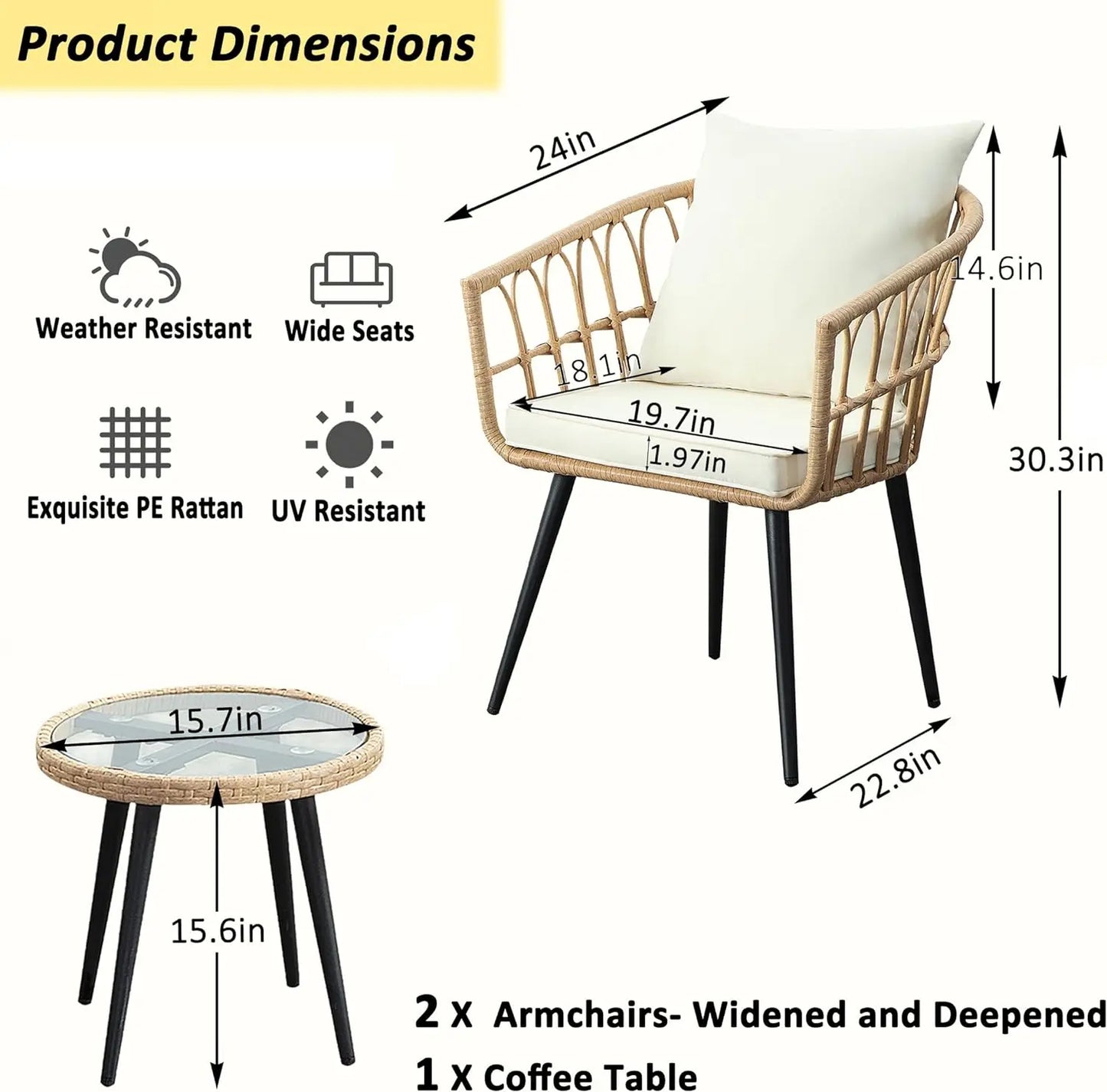 3 Piece Patio Bistro Sets, Outdoor Wicker Furniture Set, All-Weather Rattan Chairs Conversation Set with Cushions Round Table