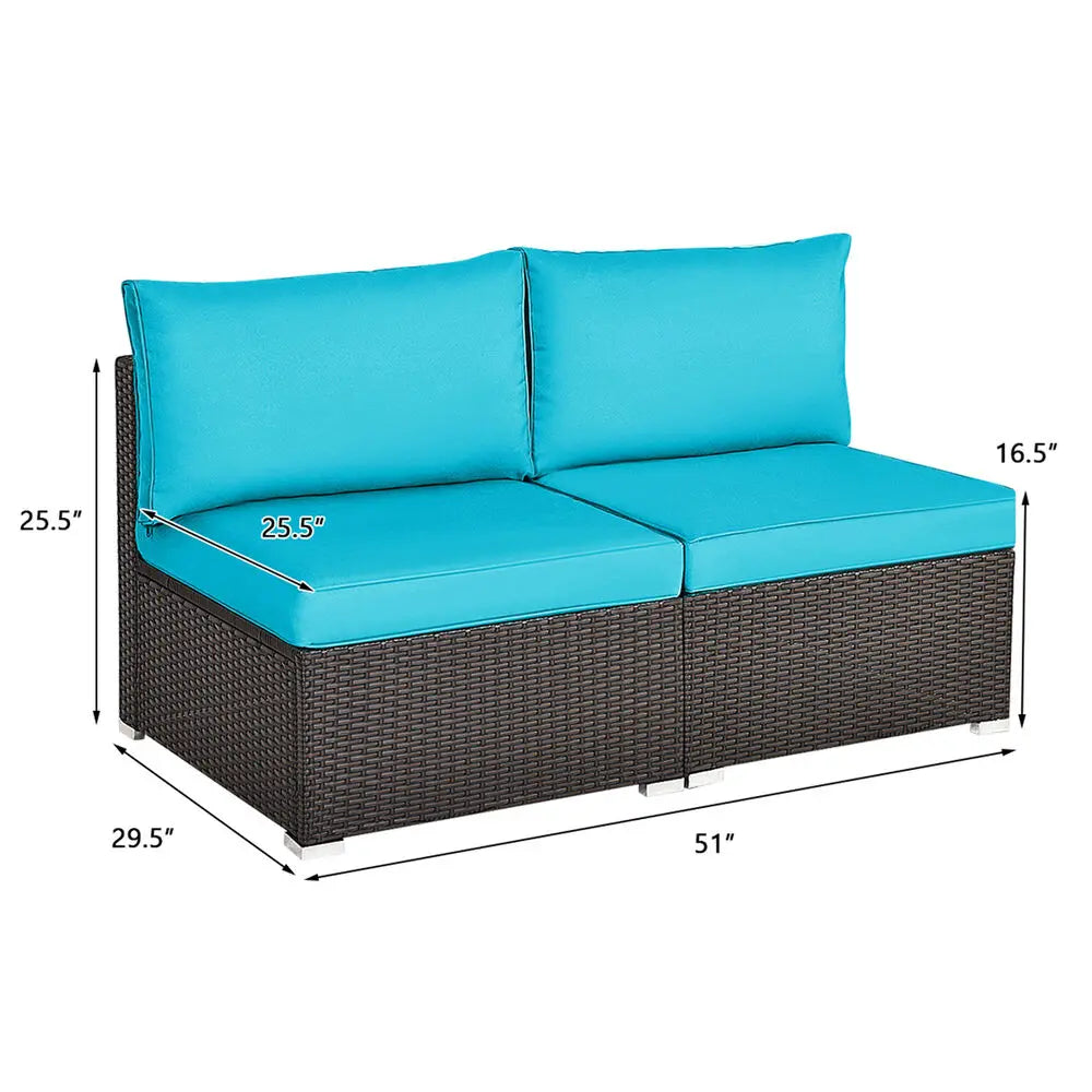 2PCS Patio Wicker Rattan Sectional Armless Chair Sofa w/ Turquoise Cushion