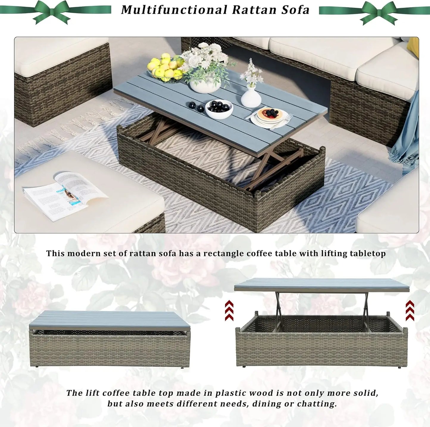 Patio Furniture Sets, 5-Piece Conversation Sets,PE Rattan Wicker Sectional Set with Adjustable Backrest, Ottomans and Lift Table