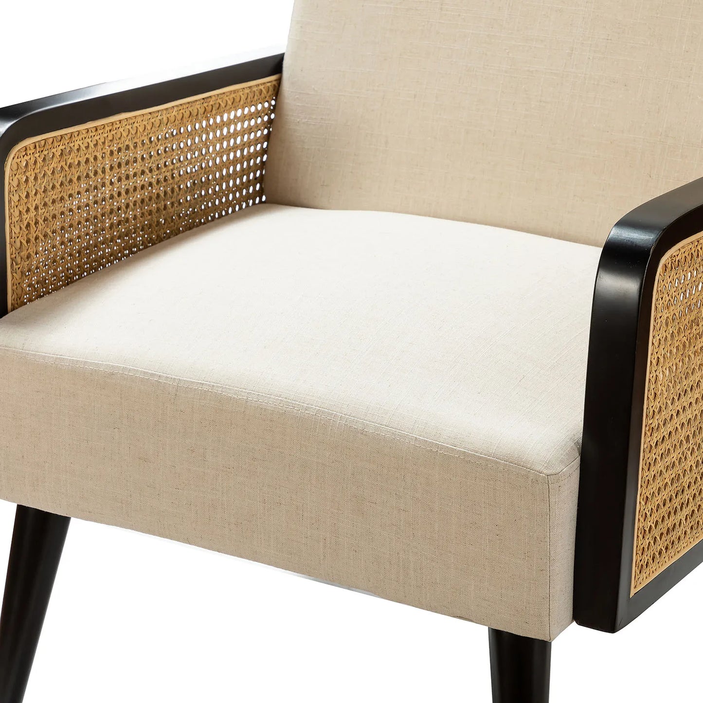 Mid Century Modern Accent Chair, Upholstered Chairs with Bamboo Knitting and Solid Wood Legs, Comfy Linen Fabric Armchair