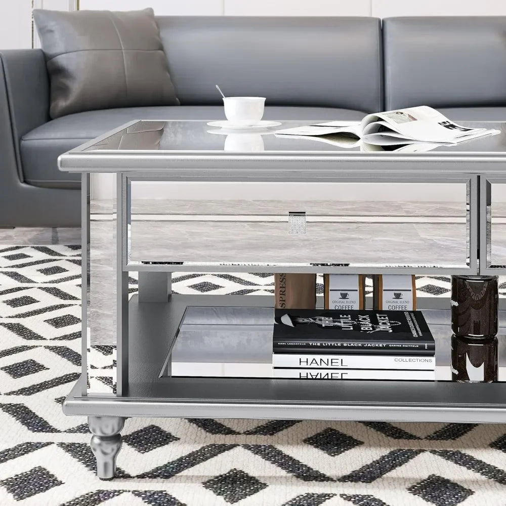 48 Inch 2 Tier Silver Mirrored Coffee Table with 2 Drawers Storage Accent Glass Top Modern Luxury Rectangle Coffee Tables