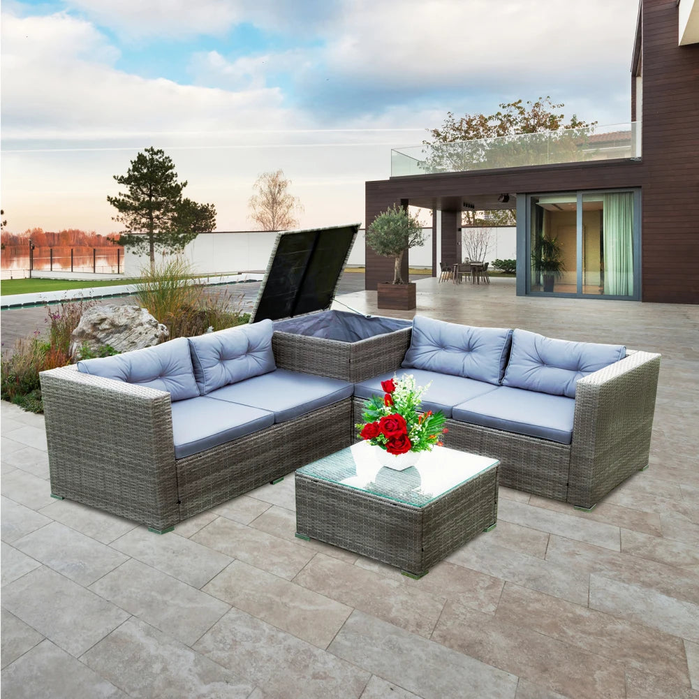 4pcs Patio Sofa Set Outdoor Sectional Wicker Rattan Sofa Set With Storage Box Coffee Table For Outdoor Garden Backyard Pool