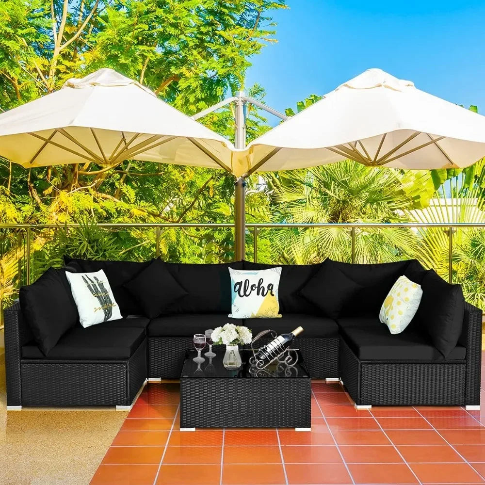 Furniture Set, 7 Piece Patio Furniture, Outdoor Sectional Sofa W/Pillows and Cushions, Furniture Set