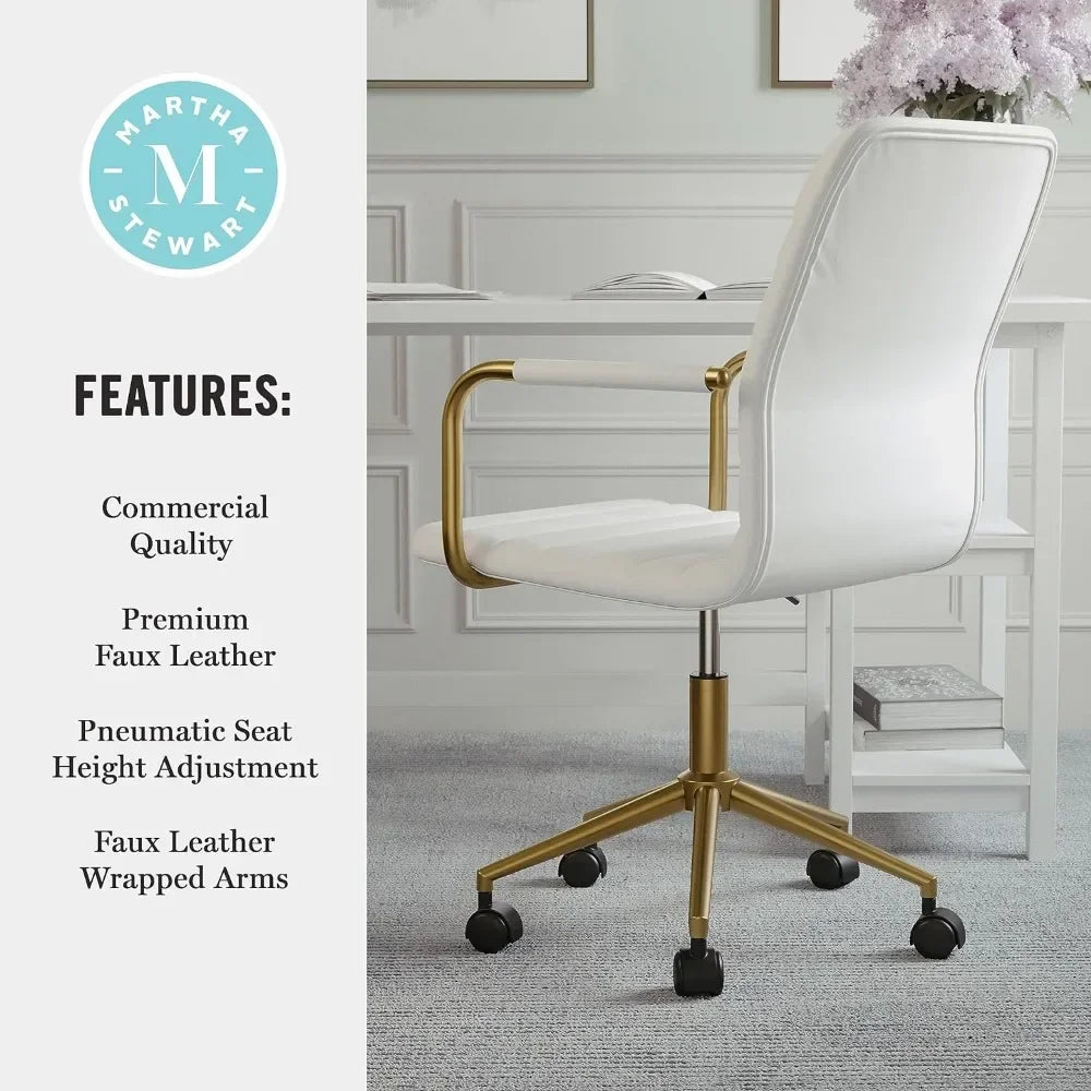 Office chair with swivel armrests, suitable for home office, white faux leather, polished brass frame