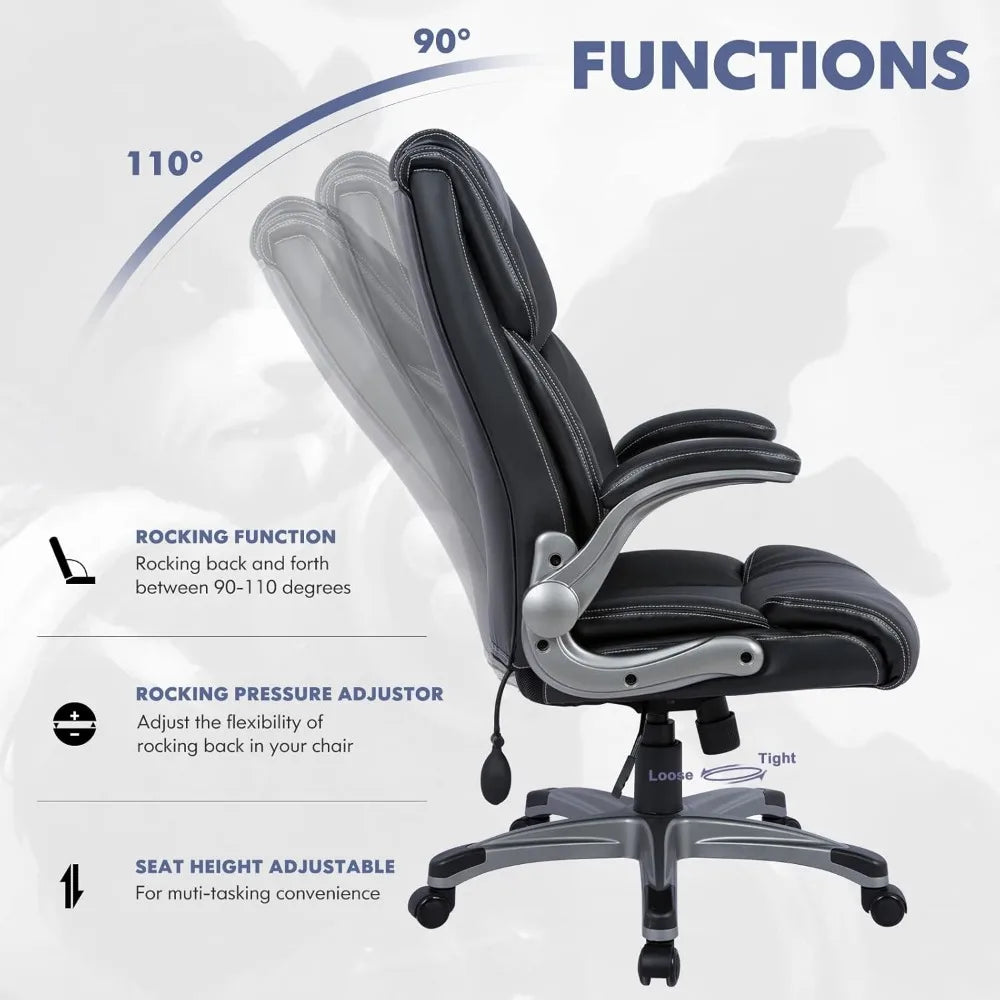 COLAMY High Back Executive Office Chair- Ergonomic Home Computer Desk Leather Chair with Padded Flip-up Arms, Adjustable Tilt