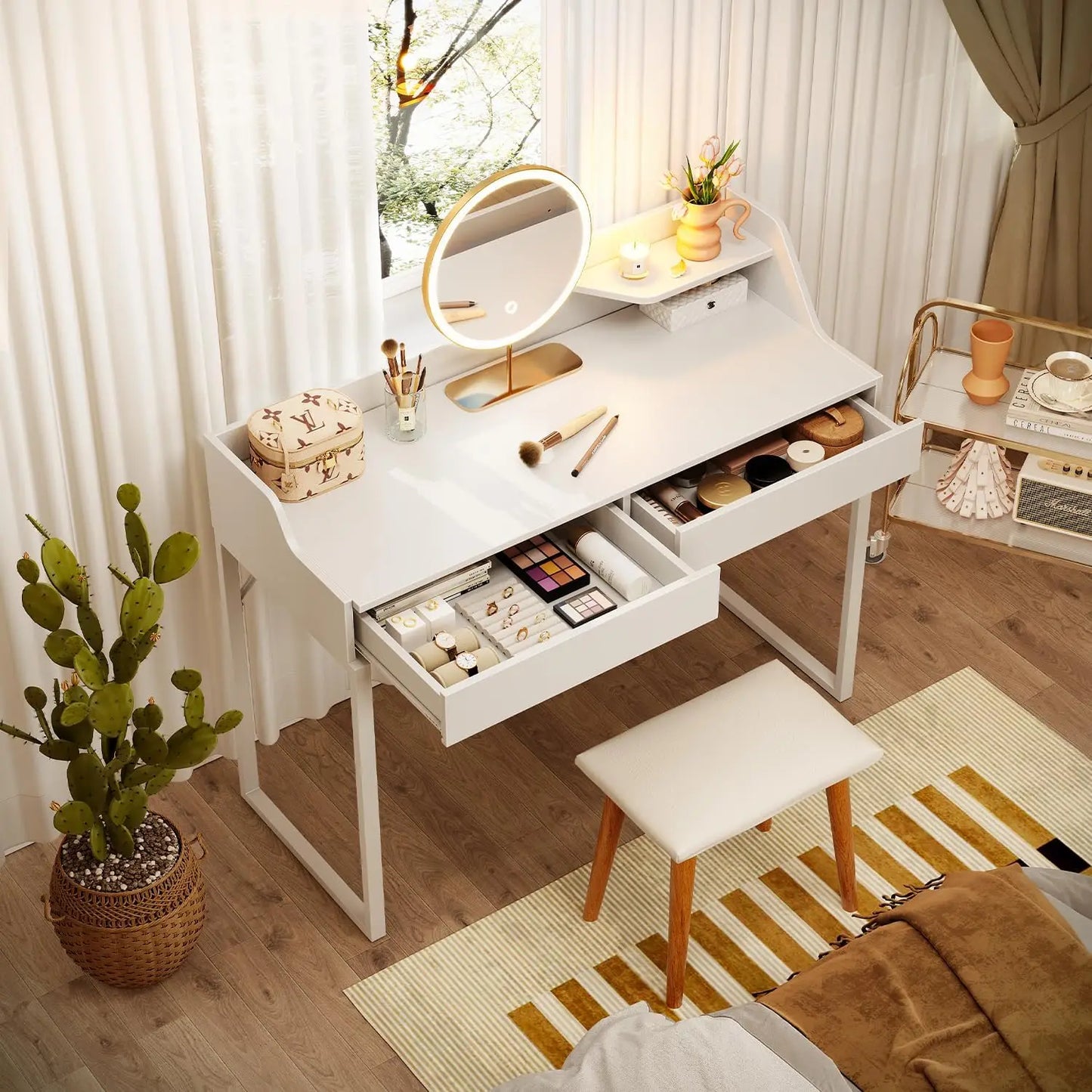 Vanity Desk with 2 Drawers, 40 Inch Computer Home Office Desk, Modern Makeup Dressing Desk, Study Work Table, White