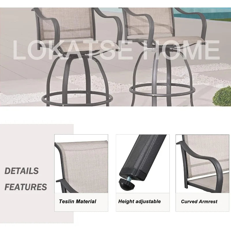 Bar Stools 2 High Swivel 1 Height Outdoor Bistro Table, Patio Furniture, Grey Tesling Fabric, 3 Pcs Chair Set