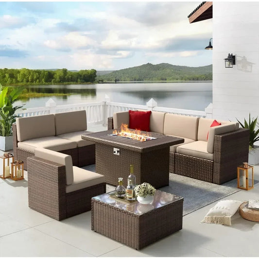 Patio Furniture Set 8PCS With 40" Fire Pit Table Outdoor Sectional Sofa Set Wicker Furniture Set With Coffee Table Garden Sets