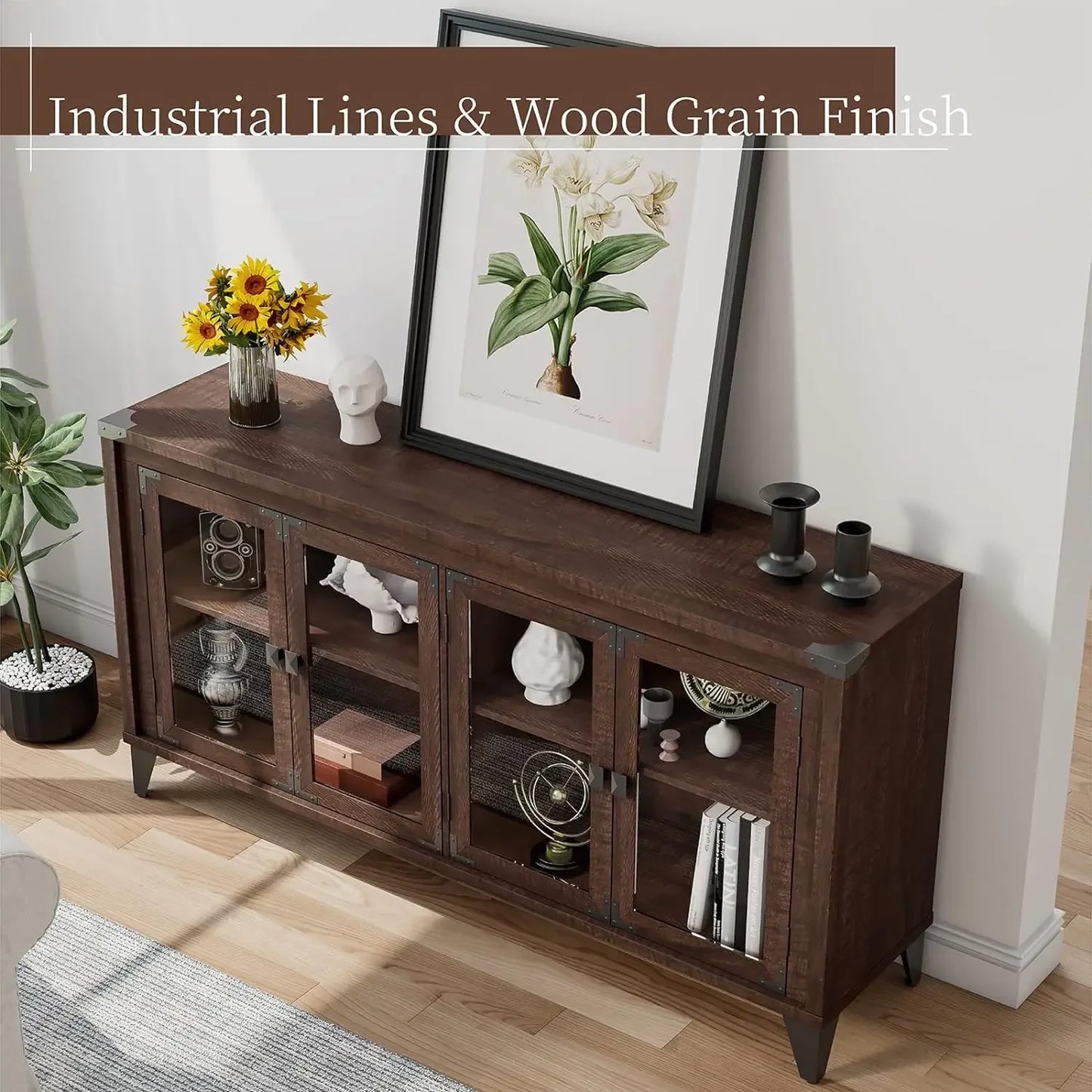 Farmhouse Sideboard Buffet Cabinet with Glass Doors, 63" Industrial Wood Sideboard with Adjustable Shelves, Console Table