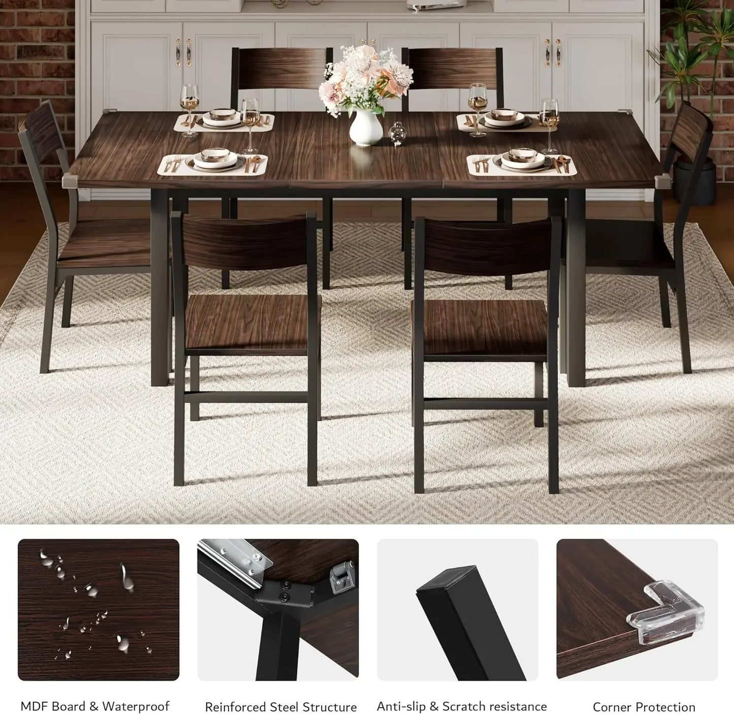 7 Pieces Dining Table & Chairs Set for 4-8, 63" Extendable Kitchen Table and 6 Chairs, Dining Room Table with MDF Board