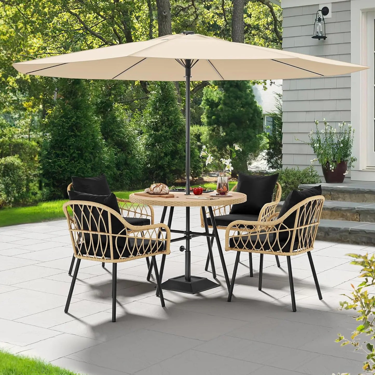 Outdoor Patio Furniture Dining Set,All-Weather Rattan Conversation Set with Soft Cushions and Plastic Wood Tabletop Dining Table