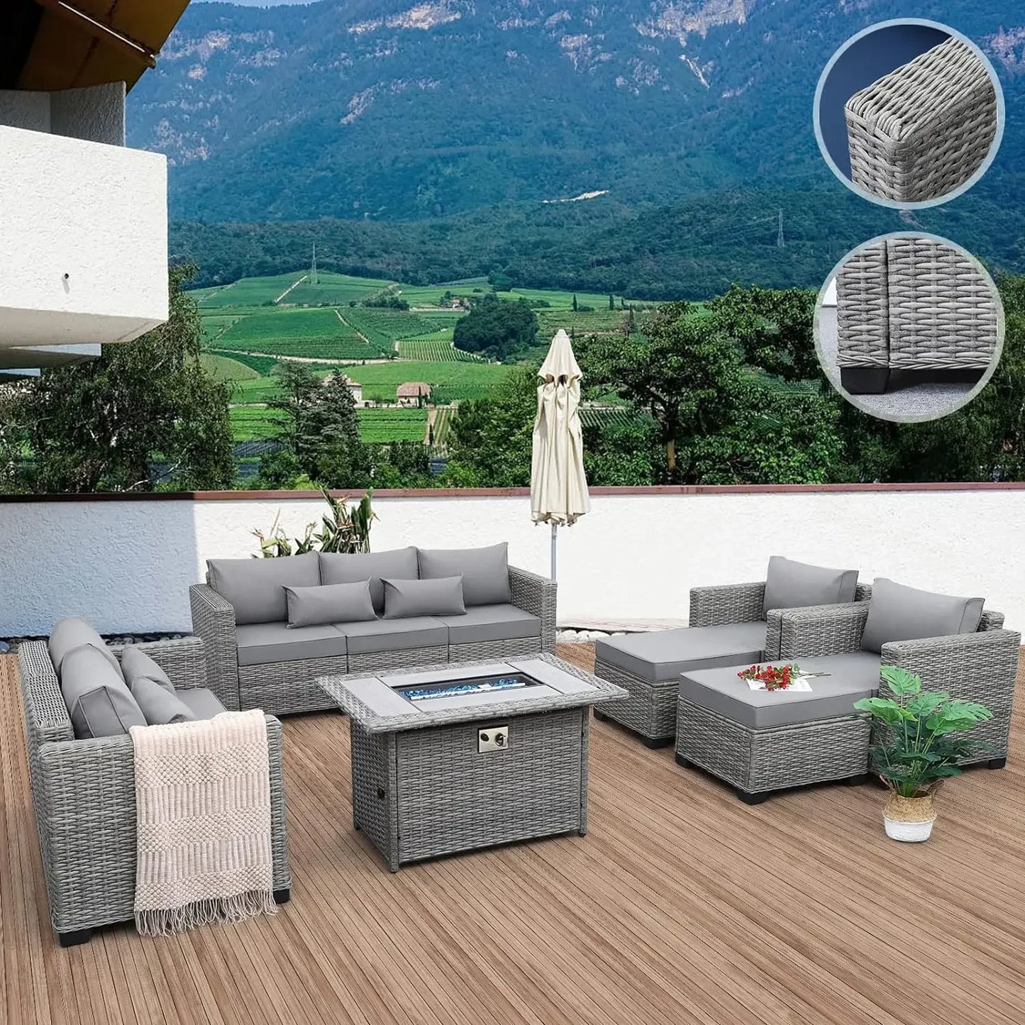 7-Piece Outdoor Furniture Sets Patio Furniture Set with 45-inch Fire Pit Patio Couch Outdoor Chairs 60000 BTU , Grey