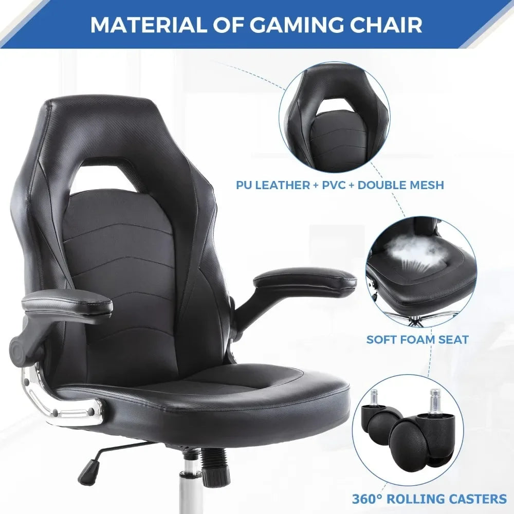 XMSJ Home Games, Ergonomics, Office Flip Armrests and Height-Adjustable Desk, Stitching PU Leather Computer Chair with Lumbar