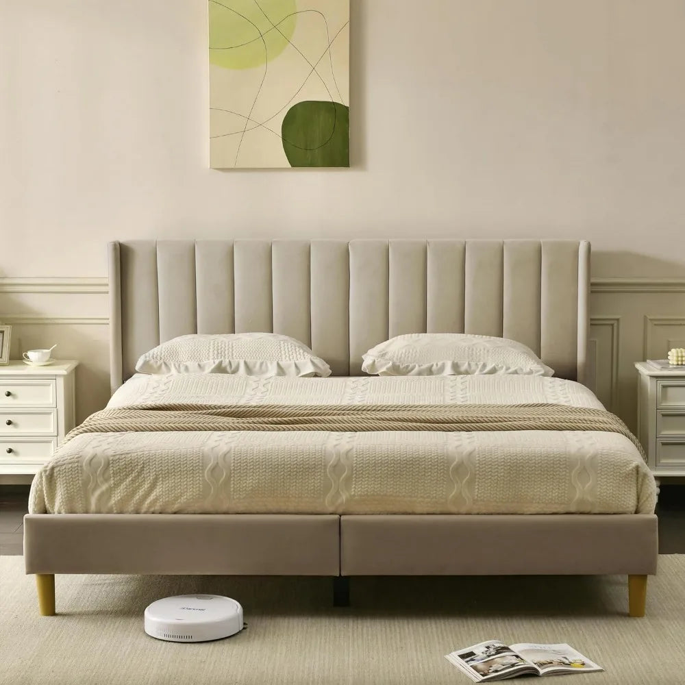 Upholstered Platform Bed Frame//Geometric Double-wing Design Headboard/flannel and Linen Fabric, Full Queen King Bed Frame