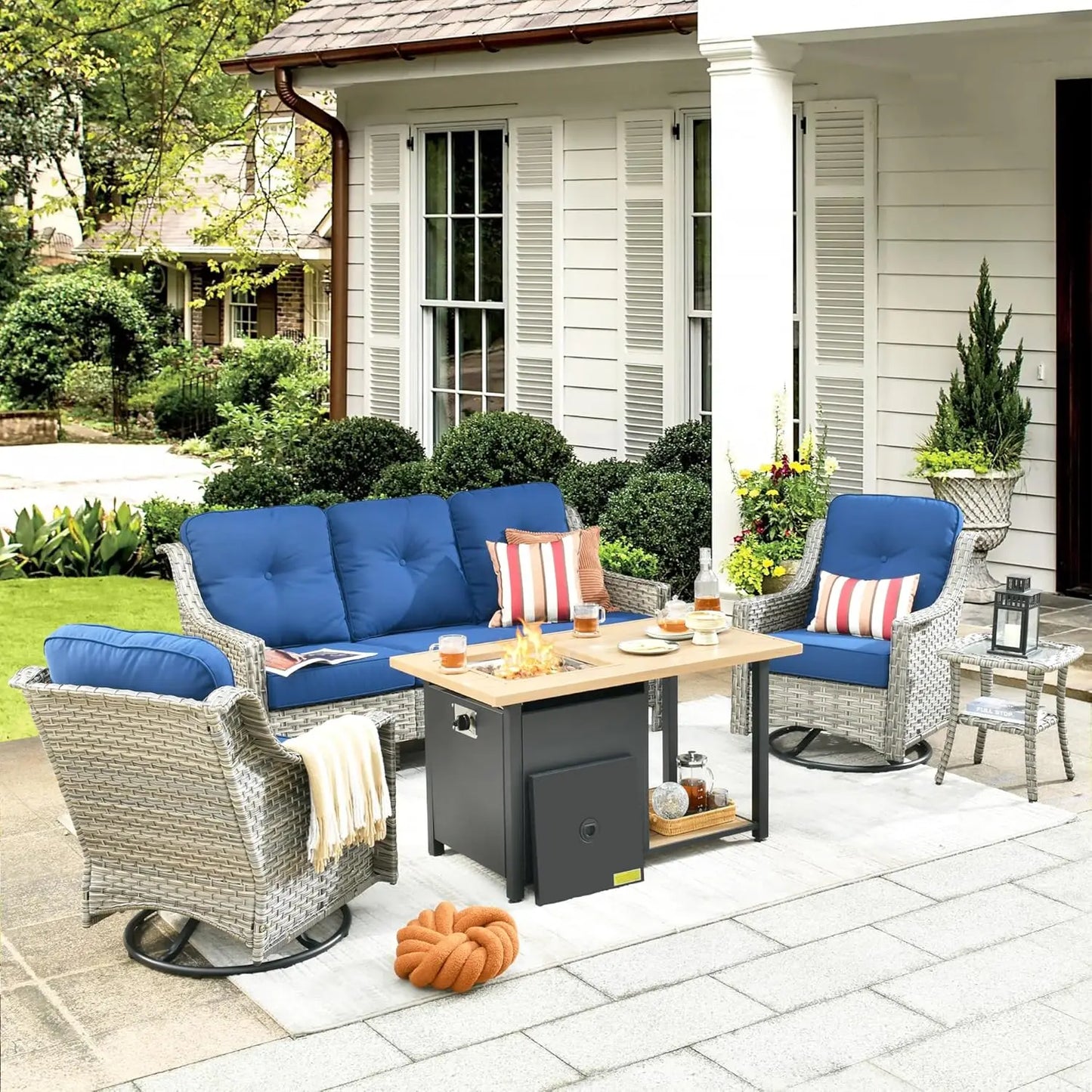 Patio Furniture Set,Outdoor Sofa with Swivel Rocker Chairs and Fire Pit Table,5 Pieces PE Wicker Conversation set and Side Table