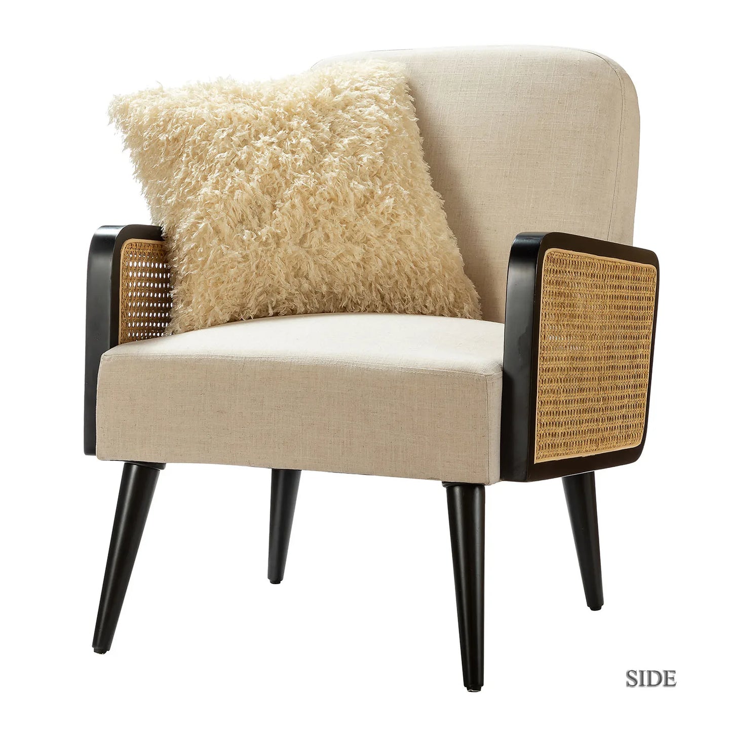 Mid Century Modern Accent Chair, Upholstered Chairs with Bamboo Knitting and Solid Wood Legs, Comfy Linen Fabric Armchair