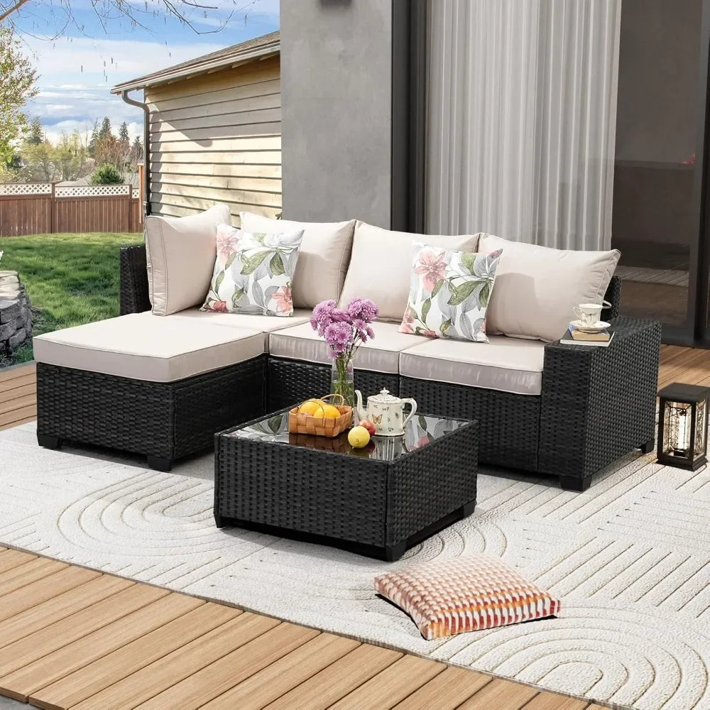 5 Pieces Patio Furniture set All-Weather Outdoor Wicker Sectional Conversation Sofa Rattan patio seating sofa for Porch Poolside