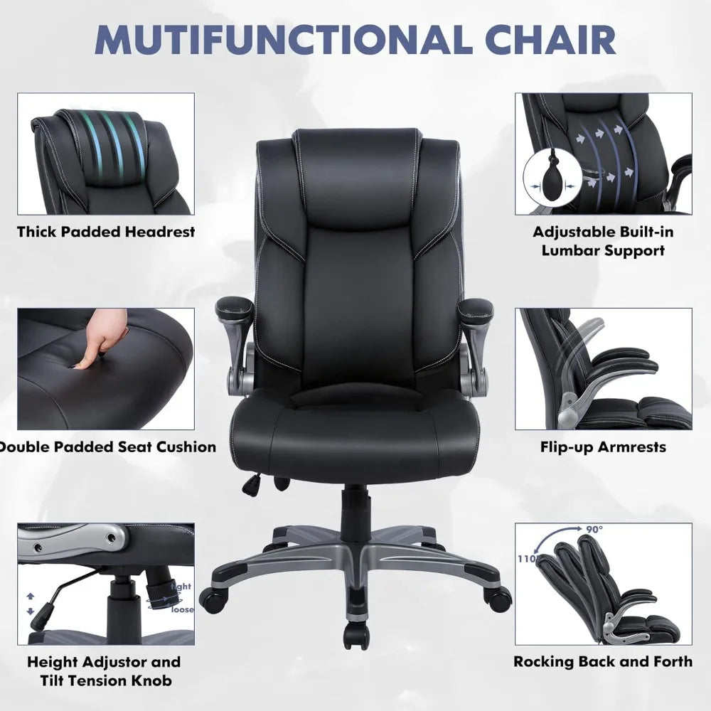 COLAMY High Back Executive Office Chair- Ergonomic Home Computer Desk Leather Chair with Padded Flip-up Arms, Adjustable Tilt