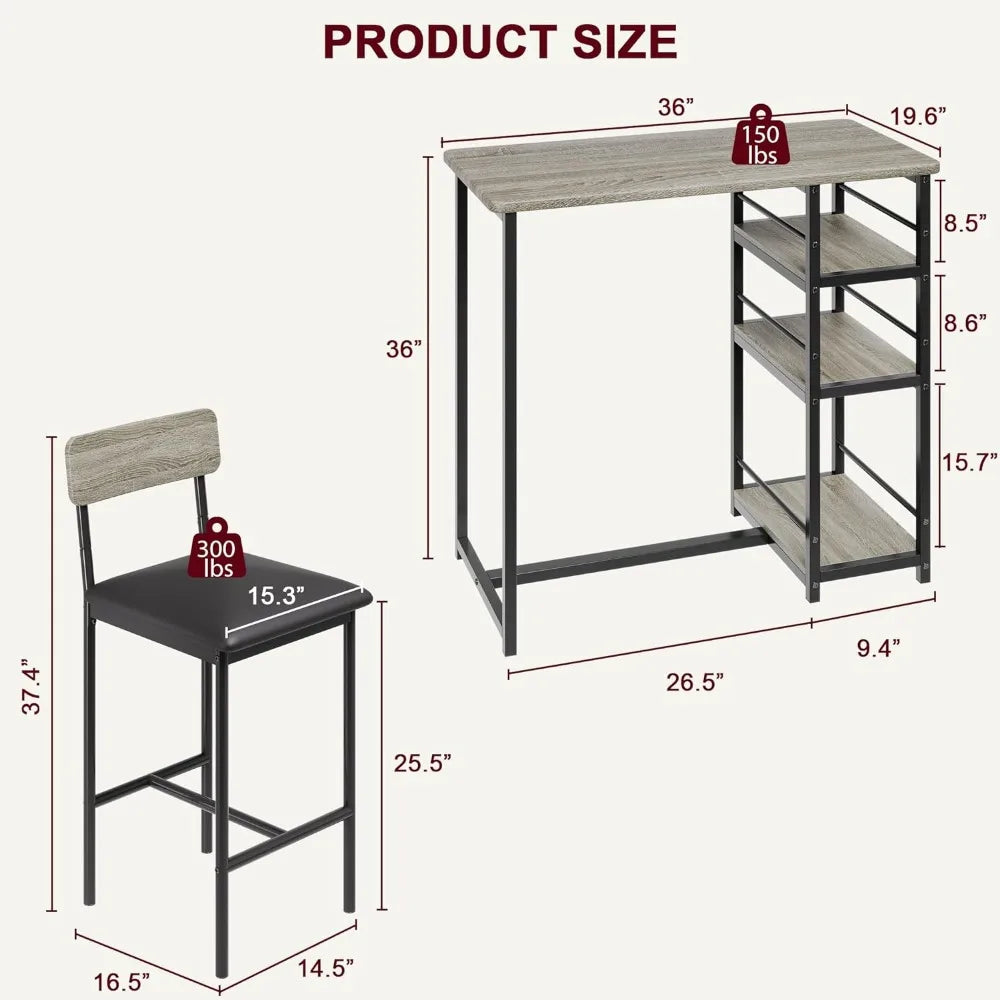 Dining Room Kitchen Set with 2 Cushions 3 Large Storage Shelves, Table and 2 Bar Chairs, Rustic Grey