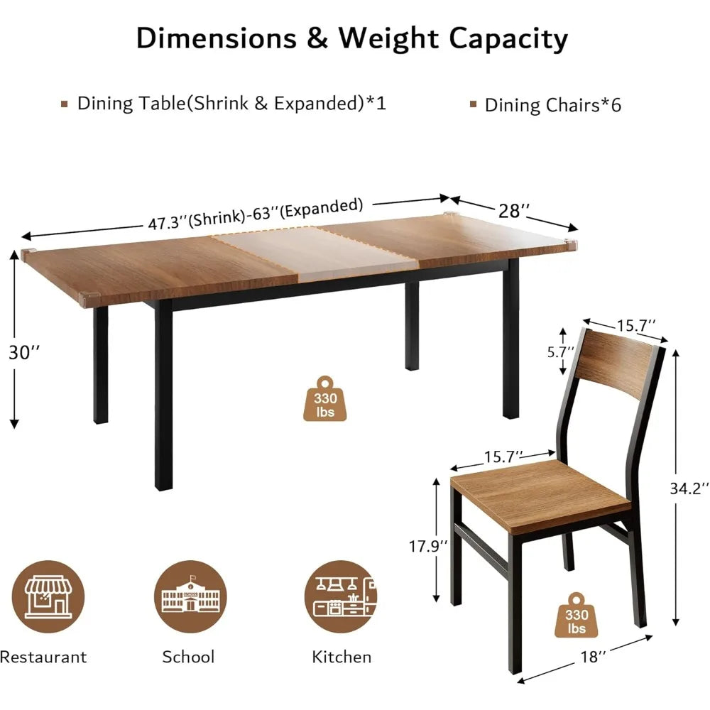 7 Pieces Dining Table with 6 Chairs, 63" Extendable Kitchen Table & Chairs Set , Dining Room Table with Metal Frame & MDF Board