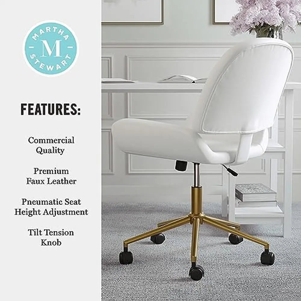 Luxurious White Faux Leather Swivel Home Office Chair with Polished Brass Frame Martha Stewart Tyla Task  360°